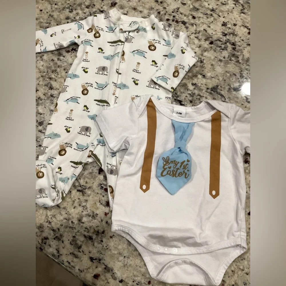 Lot of 2 for baby 3-6M Easter Outfit & Animal Print lg sleeve feet in Onesie EUC